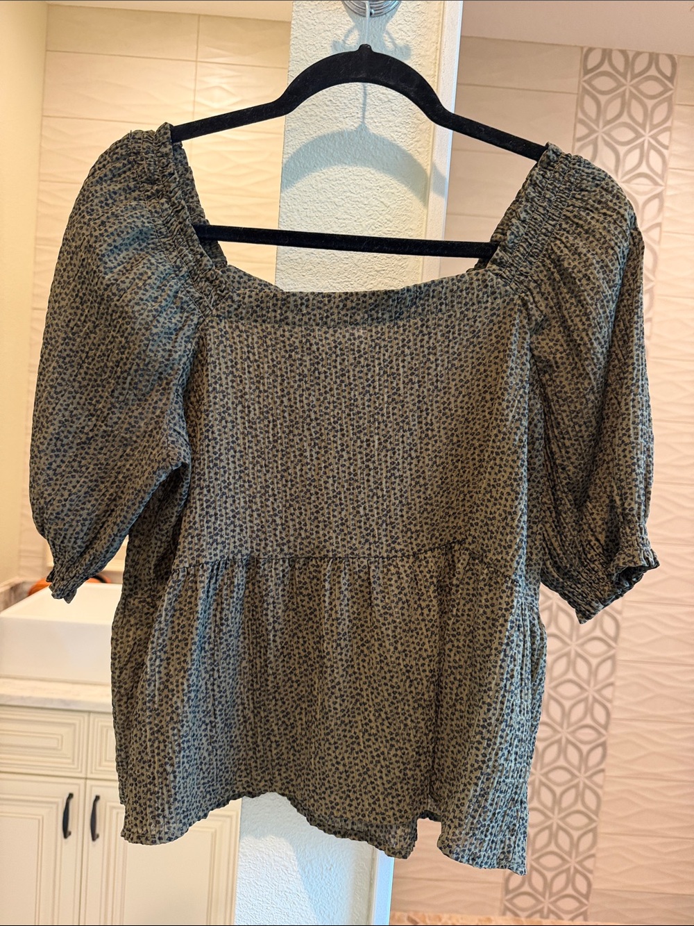 LOFT Olive Green Smocked Square-Neck Peasant Top